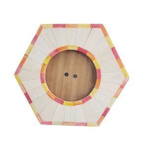 Pink Yellow & Orange Shell (?) and Wood Table Top Round Photo Picture Frame